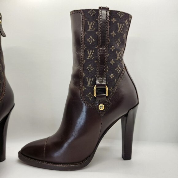 LOUIS VUITTON Brown Leather Mini Lin Jodie Monogram Ankle Boots, Size 35.5 5.5 - Picture 5 of 16